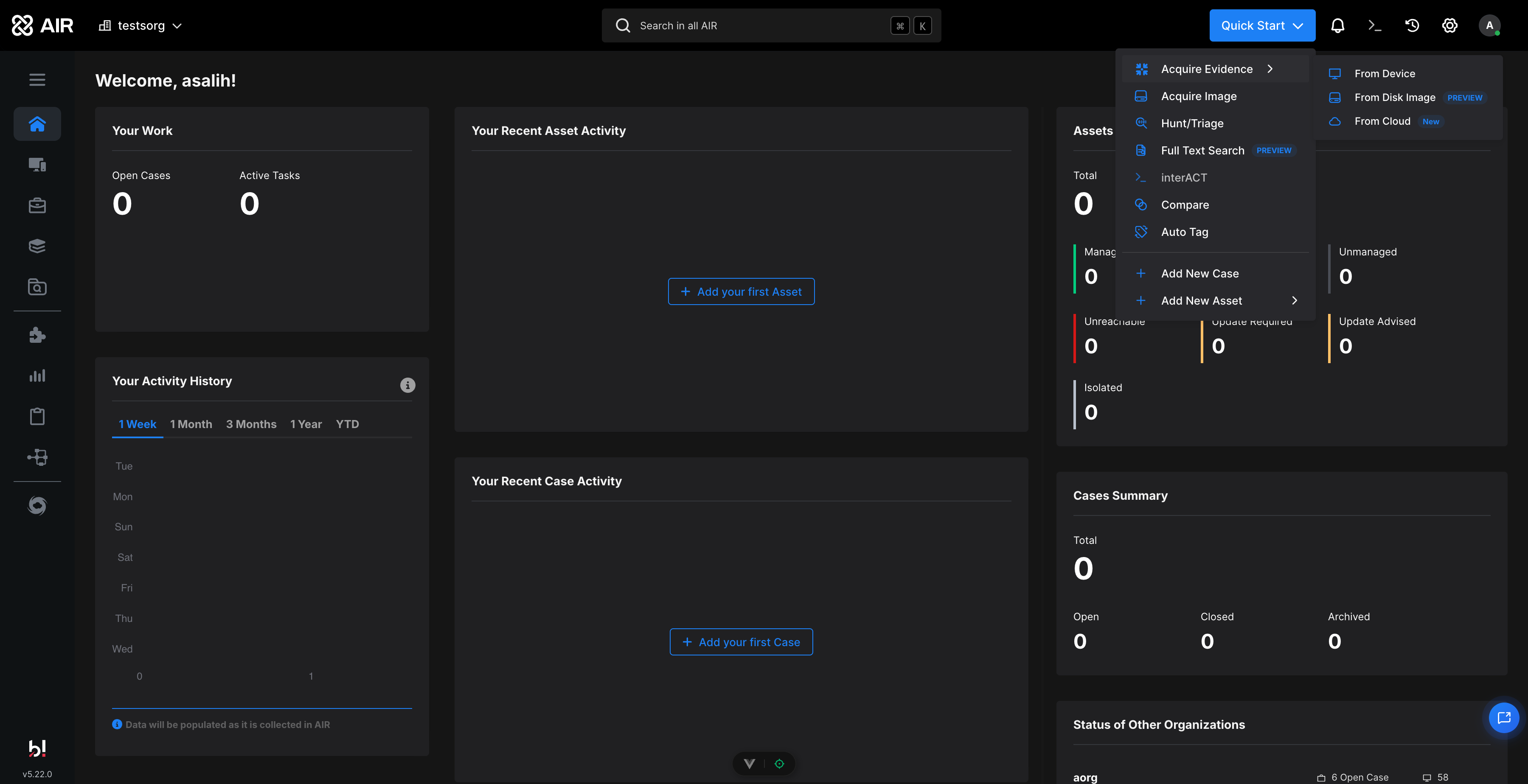 Quick Start menu with Acquire Evidence and From Disk Image highlighted